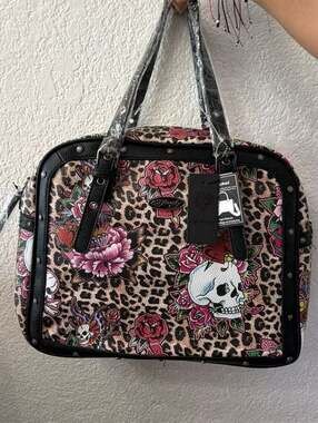 NWT**Ed Hardy New with Tags Leopard Print Sugar Skull and Roses Satchel Bag